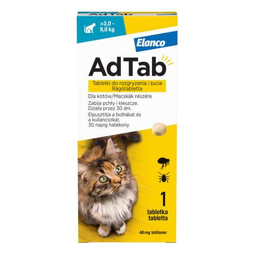 AdTab kullancs és bolha elleni rágótabletta macskáknak (1 tablettás kiszerelés | 2-8 kg | 48 mg)