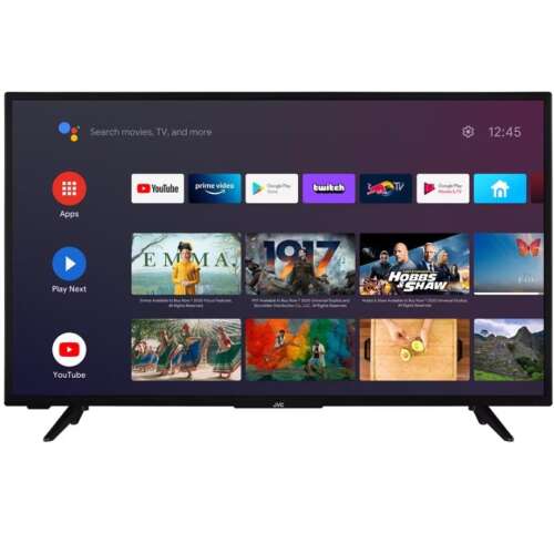 JVC LT40VAF3235 40 inch Full HD Android Smart LED TV with HDR, showing the home screen with apps like YouTube, Netflix, Prime Video, and Twitch