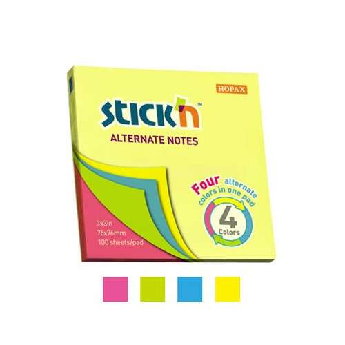 STICK N 76x76 mm, 100 sheets Self-adhesive Notepad neon colors
