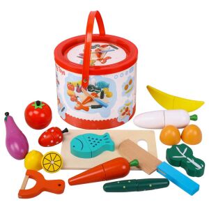 Fa Gyümölcs- és Zöldségvágó Játék 14 db set. Wooden play food set with cutting board, knife, peeler, and bucket. - Play food
