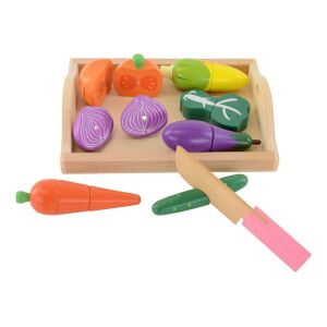 Legume feliabile set de jucărie din lemn cu morcov, ceapă, roșie, porumb, vinete, castravete, broccoli și cuțit - Joacă alimente