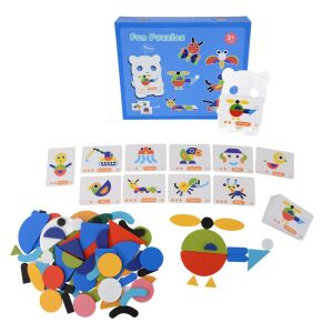 Joc Tangram din lemn cu modele și suport, jucărie educativă pentru copii - Premergatoare și Jocuri de dezvoltare pentru copii mici