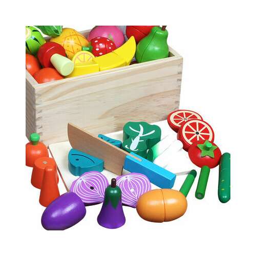 Set de mâncare de joacă din lemn cu cuțit și tăbliță de tăiat, 27 de piese, include fructe și legume, excelent pentru joaca imaginativă și învățarea despre mâncare