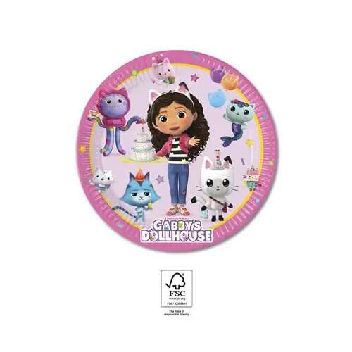 Gabi babaháza papírtányér, 8 db-os, 23 cm, rózsaszín, Gabbival és a macska barátaival