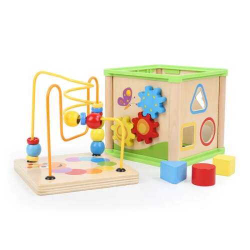 Wooden activity cube with bead maze, shape sorter, gears, and clock, 5 in 1 toy for toddlers