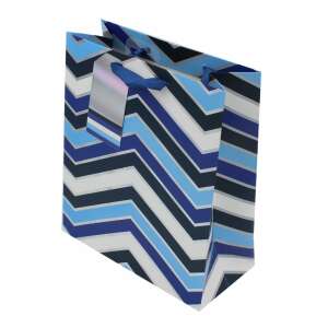 Blue and white chevron patterned gift bag with blue ribbon, angled view - Art & Craft