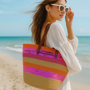 Beżowa torba plażowa w wielokolorowe paski 137706959 - Walizka i torba