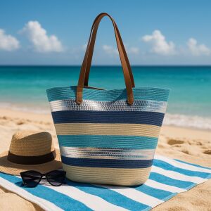 Geantă plajă bleu cu dungi multicolore 140221690 - Accesorii pentru îmbrăcăminte