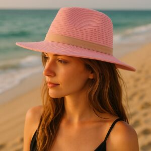 Różowa damska czapka plażowa z beżowym paskiem 140354272 - Kapelusz damski