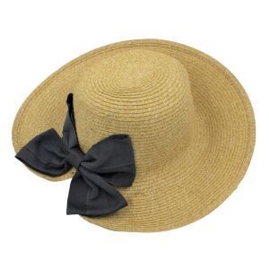 Kapelusz plażowy, damski, kremowy, czarna kokarda 131509974 - Kapelusz damski