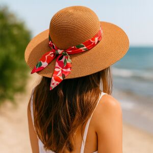 Brązowy damski kapelusz plażowy z kwitnącą kokardą 138832326 - Kapelusz damski