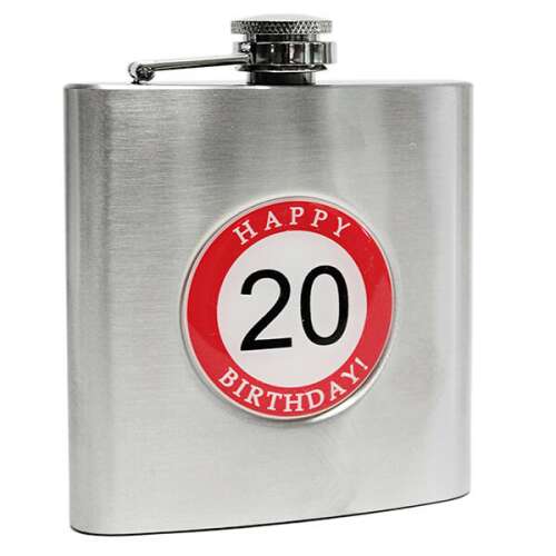 Fém rozsdamentes flaska Happy 20 Birthday emblémával, 180 ml