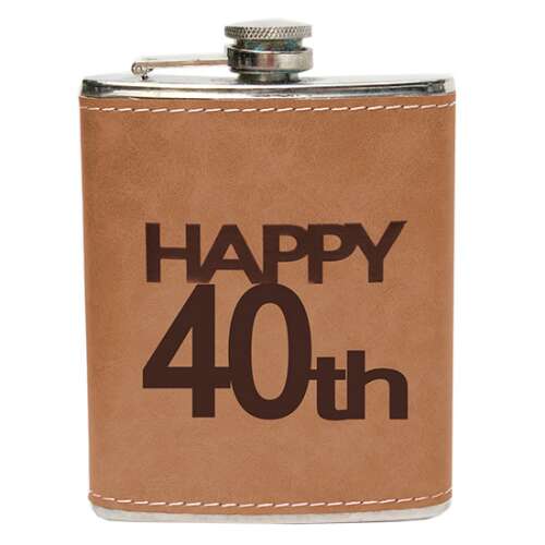 Rozsdamentes acél flaska barna műbőr borítással, Happy 40th felirattal, 240 ml