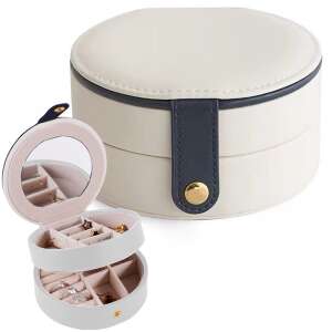 White and blue round jewelry box with compartments for earrings, rings, and other jewelry - Verk Group