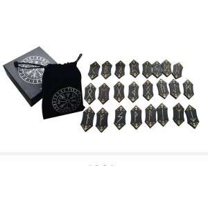 Rúna ábécé készlet 24 rúnával, bársony táskával és dobozzal, fekete rúnák arany feliratokkal - Egészség & Életmód könyv