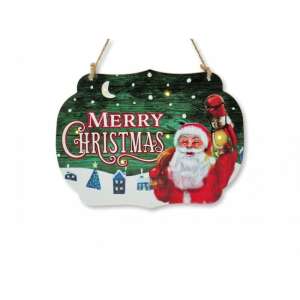 LED világító karácsonyi tábla Mikulás, Merry Christmas felirattal, 26 cm x 18 cm - Ajándék tábla
