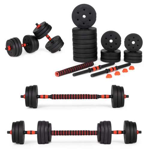 ModernHOME adjustable dumbbell set, 30kg, red-black, with barbell bar, dumbbells, and weight plates