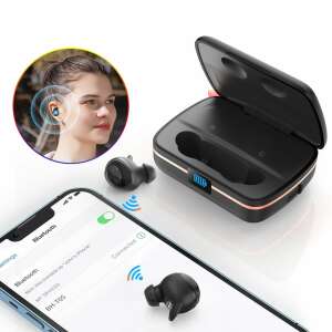 Choetech BH-T05 wireless earbuds with solar charging case and power bank, connected to smartphone - Choetech