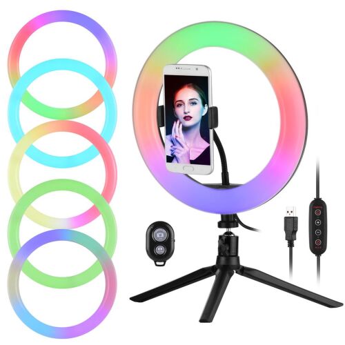 Lampa inelară RGB LED cu trepied și suport pentru telefon pentru streaming și fotografie