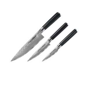 Samura Damascus 3-piece knife set, includes 9cm, 12.5cm, and 20cm knives with black handles - Home & Garden