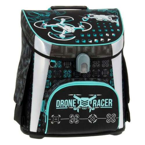 Ars Una Drone Racer 5131 iskolatáska, fekete színű, türkiz kiegészítőkkel, elülnézet