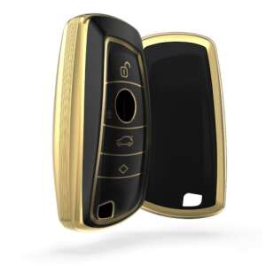 Husa Cheie Auto pentru BMW - 3 Butoane - Keyless Go, kwmobile, Silicon, Negru / Gold, 56009.01