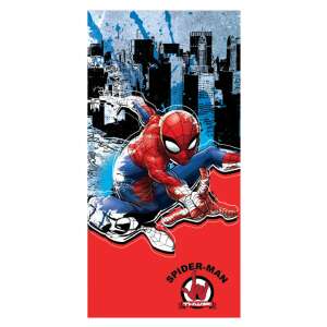 Plážový uterák Spider-Man, červený s modrým a bielym panorámou mesta, postava Spidermana v akčnej póze, 70x137cm - Osušky, uteráky, zavinovacie plienky