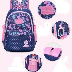 Kivágás a fekete és rózsaszín pöttyös és masnis mintás gyerek hátizsákról, ajándék karkötővel, tökéletes iskolába vagy mindennapi használatra. - Ovis hátizsák, táska