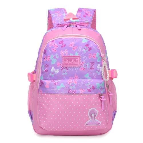 Rózsaszín és kék pöttyös és masnis mintás lányos iskolatáska, hozzáillő karkötővel