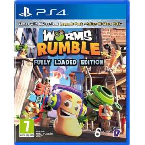 Worms Rumble Fully Loaded Edition PS4 game, featuring a worm character with headphones, a green cannon, and other worms in the background - Console & PC Game