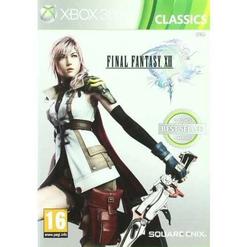 Final Fantasy XIII Xbox 360 játék borítója, Lightninggal, egy rózsaszín hajú női karakterrel, aki kardot tart - Square Enix