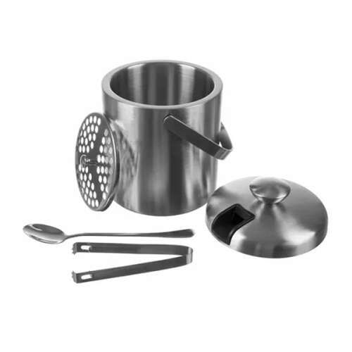 Stainless steel ice bucket with lid, ice tongs, spoon, and strainer