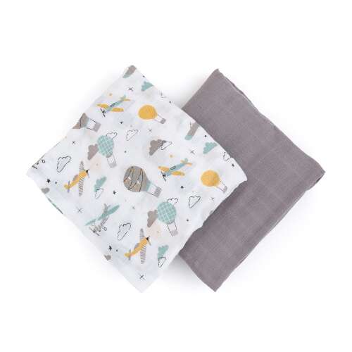 Petite&Mars Misty Grey Planes Bambus-Musselin-Swaddle-Set, 2er Pack, 120x120 cm