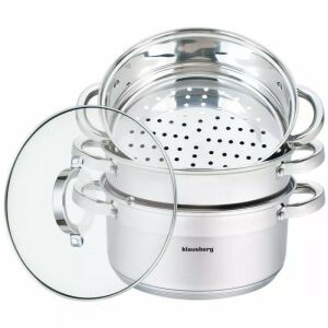 Set de gătit cu aburi Klausberg, din oțel inoxidabil, 4 piese, cu capac de sticlă - Veselă