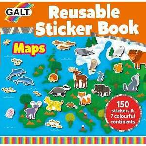 Galt Reusable Sticker Book Maps, educational sticker book for kids with over 150 reusable stickers of animals from different continents - Galt