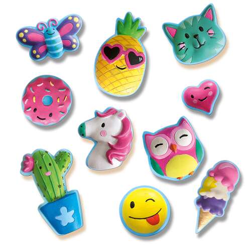 9 plaster figures to paint from the SES Creative Casting & Painting set, including a butterfly, pineapple, cat, donut, unicorn, owl, cactus, smiley face, and ice cream cone