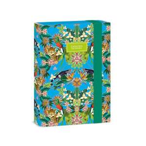 Cutie pentru caiete Ars Una Catalina Estrada Iguana Jungle A/5, albastră cu model de junglă, iguane, leoparde, flori, păsări, bandă elastică verde - Ars Una