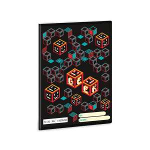 Ars Una Geek liniertes Notizbuch für die erste Klasse, A/5 Format, 32 Seiten, schwarzer Einband mit bunten pixelartigen Würfeln und dem Wort "GEEK" - Ars Una