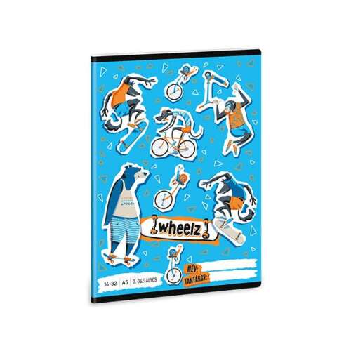 Caiet cu linii Ars Una Wheelz pentru clasa a II-a A5 16-32, cu ilustrații amuzante cu animale pe un fundal albastru