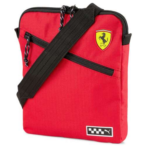 Puma Scuderia Ferrari piros-fekete válltáska állítható pánttal, cipzáros zsebbel, Ferrari logóval, kockás zászló mintával és Puma logóval