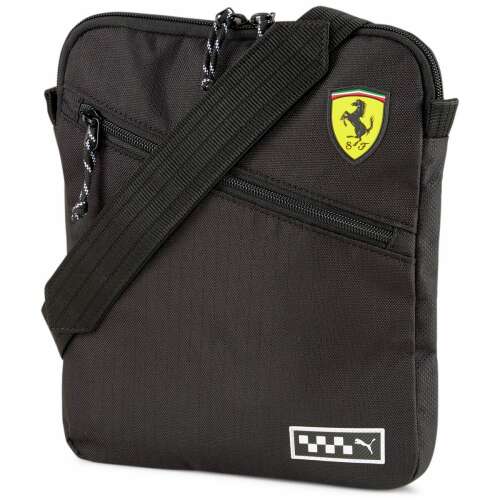 Puma Scuderia Ferrari fekete válltáska állítható pánttal, cipzáros zsebbel, Ferrari logóval és kockás zászló mintával