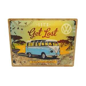 Volkswagen Let's Get Lost fém tábla, 30 x 40 cm, retro design, kék és sárga színben, vintage Volkswagen busszal - Nostalgic-Art