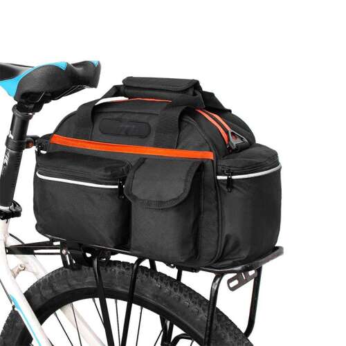 Geanta portbagaj bicicleta, 3 compartimente si 5 buzunare laterale, 45x20x22cm, negru cu elemente reflectorizante portocalii