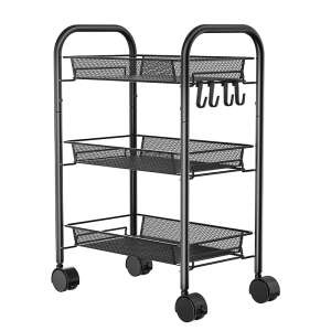 Raft metalic mobil tip carucior pentru bucatarie, 3 polite si 4 agatatori, negru, 44x26x64cm 63594837 - Seturi de ustensile de bucătărie