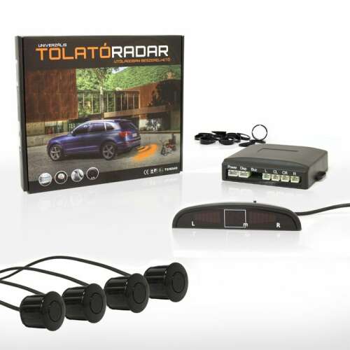 LED kijelzős tolatóradar 4 szenzorral, fekete színű szenzorokkal, szerelési útmutatóval és csomagolással