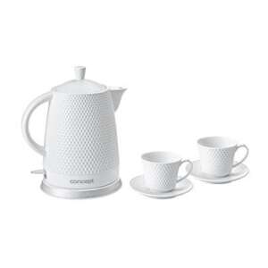 Concept RK0040 1.5L electric kettle in white with ceramic finish, featuring a modern design and two matching cups - Concept