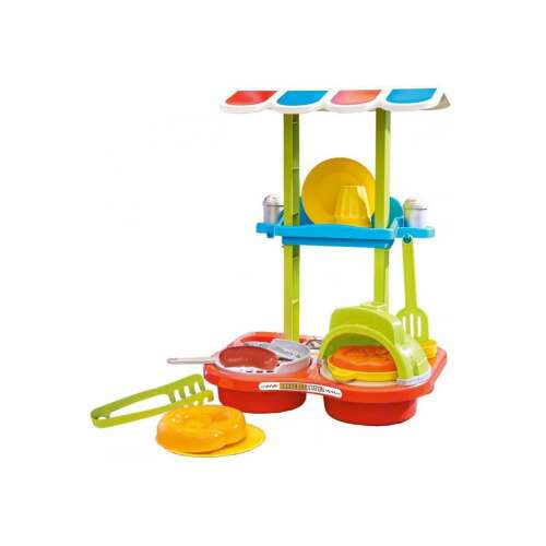 Kids barbecue playset with grill, pizza oven, plates, tongs, and food