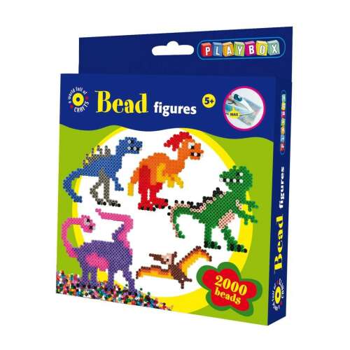 Playbox Gyöngykép figurák Dínók készlet, 2000 db gyöngy, vasalható gyöngyök, kézműves készlet, dinoszaurusz formák, gyerekeknek kézműves