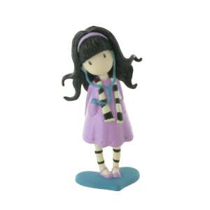 Gorjuss Lila figurine, a cute girl with headphones and a purple dress, standing on a blue heart - Comansi