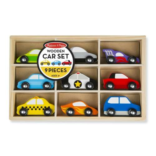 Melissa & Doug Fa Jármű Szett, 9 darab, 9 színes fa játékautó szett fa dobozban